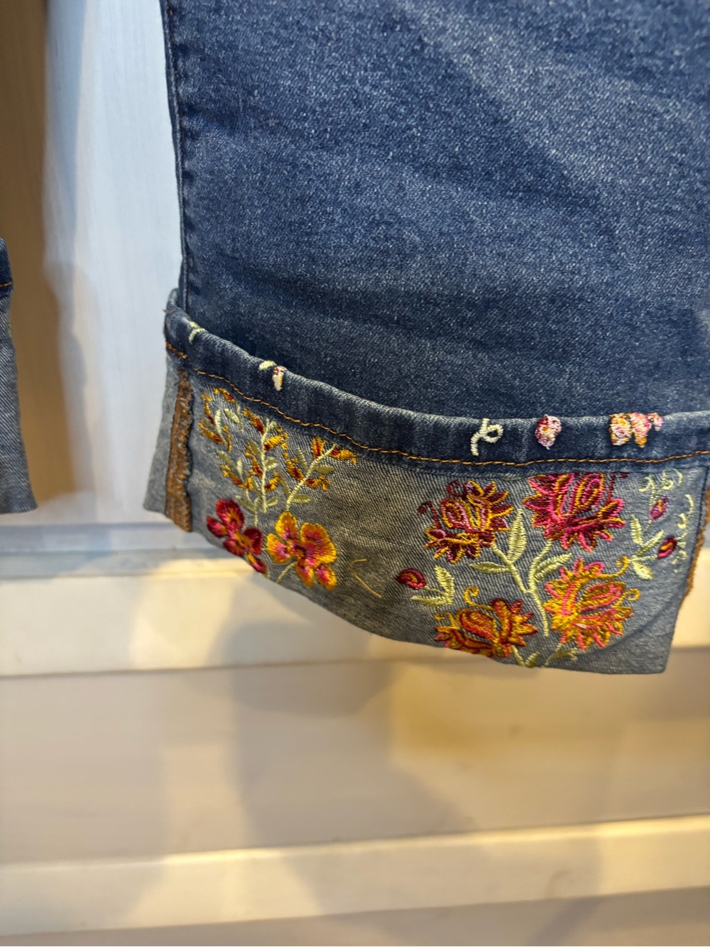 Sandpiper Women's Cropped Embroidered Cuff Jeans - Blue - Picture 2 of 6